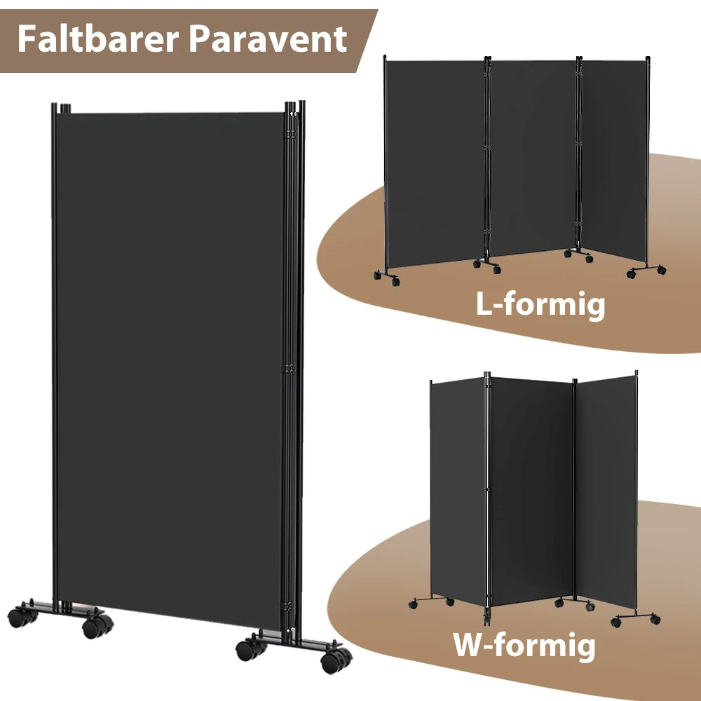 Paravent 3 Panneaux sur Roulettes Tissu Noir Intérieur Extérieur 259 x 183 cm