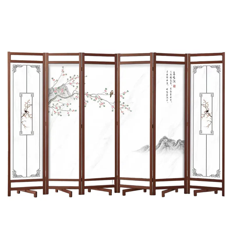 Paravent chinois 6 panneaux bois imprimé motifs asiatiques, pour un salon