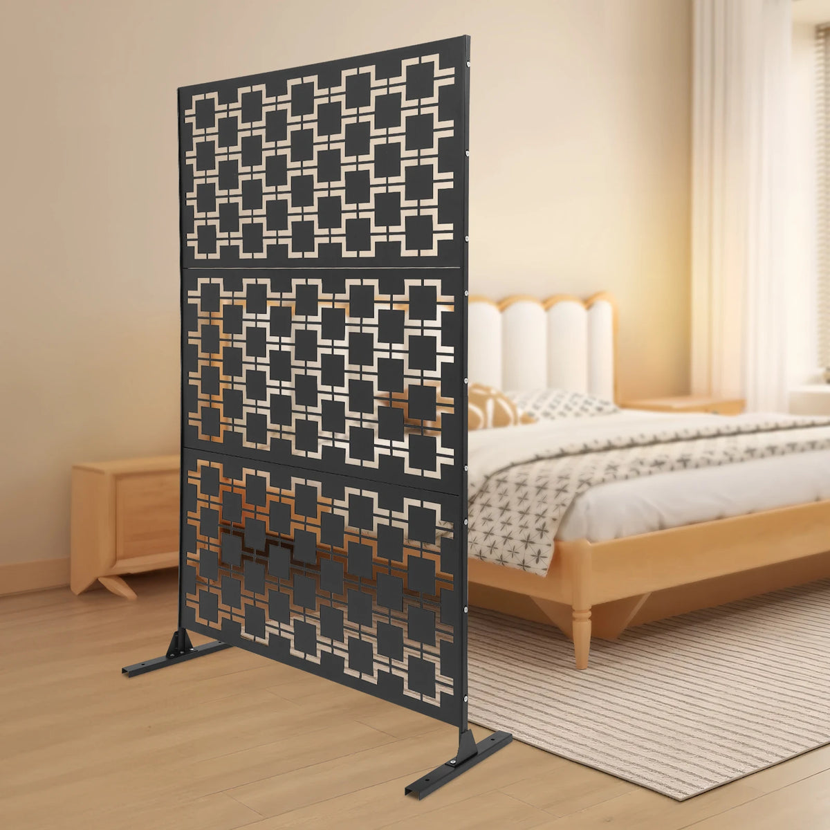 Paravent Extérieur Métal Noir Motif Carrés Imbriqués Autoportant 120 x 190 cm