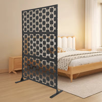 Paravent Extérieur Métal Noir Motif Carrés Imbriqués Autoportant 120 x 190 cm