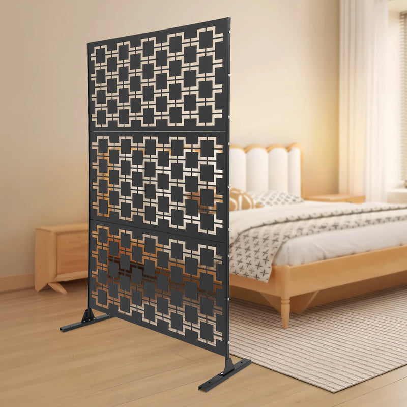 Paravent Extérieur Métal Noir Motif Carrés Imbriqués Autoportant 120 x 190 cm