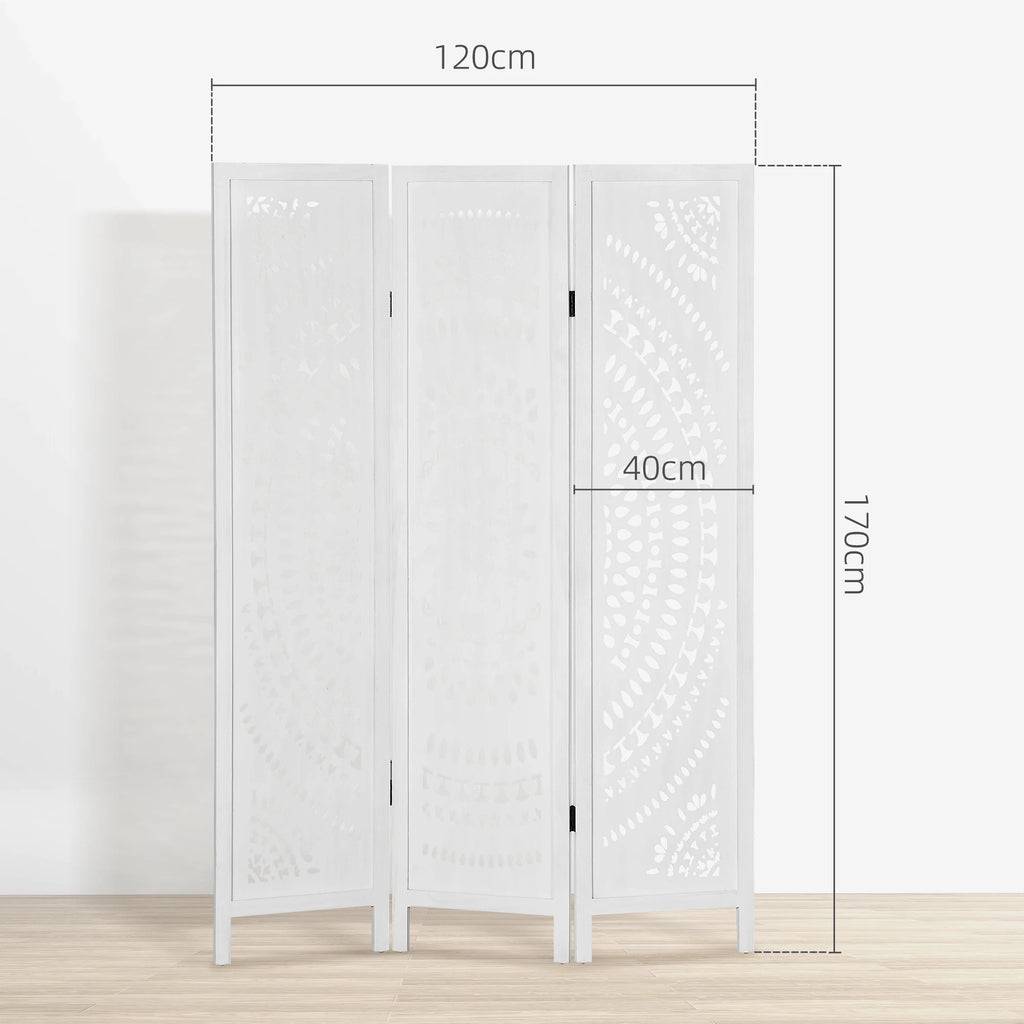 Paravent 3 Panneaux Bois Ajouré Rosace Blanc 120 x 170 cm