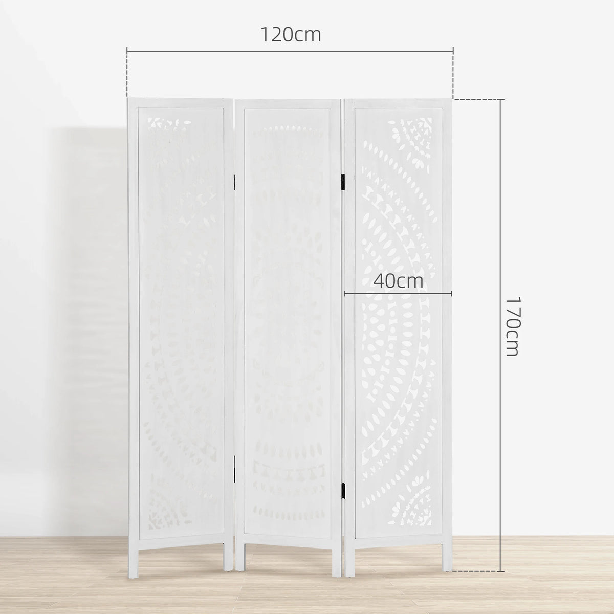 Paravent 3 Panneaux Bois Ajouré Rosace Blanc 120 x 170 cm