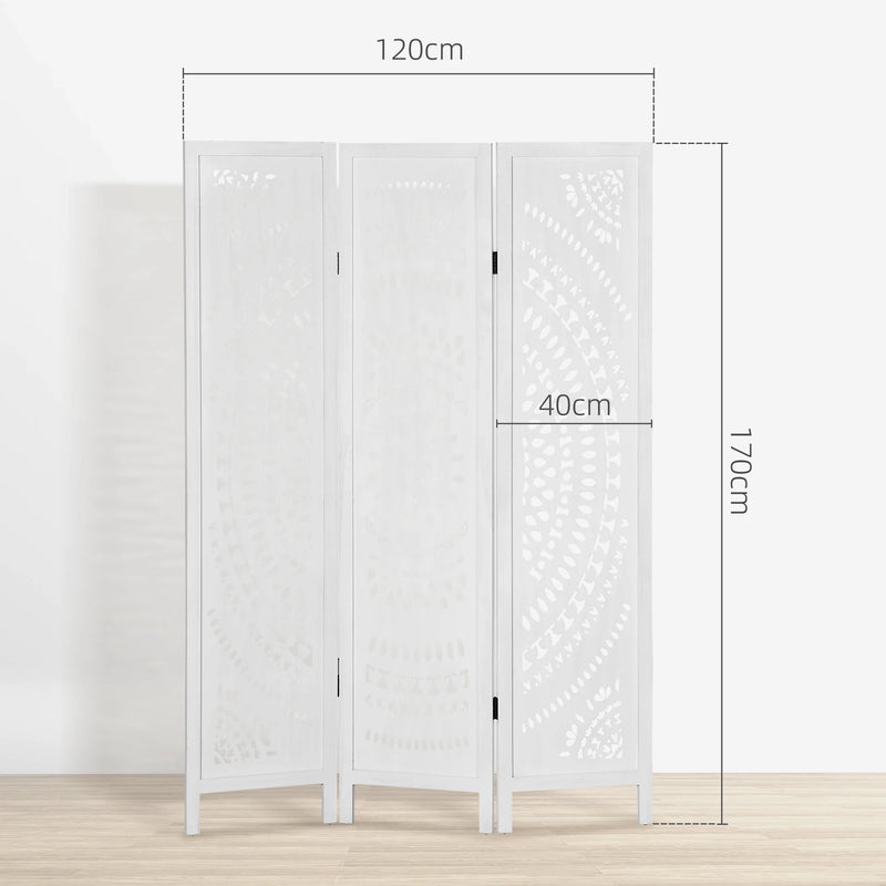 Paravent 3 Panneaux Bois Ajouré Rosace Blanc 120 x 170 cm