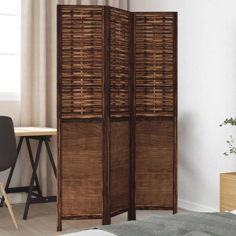 Paravent 3 panneaux bois paulownia et bambou tressé brun foncé