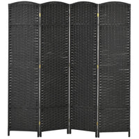 Paravent 4 Panneaux Tressé Polypropylène Noir Cadre Pin 160 x 170 cm