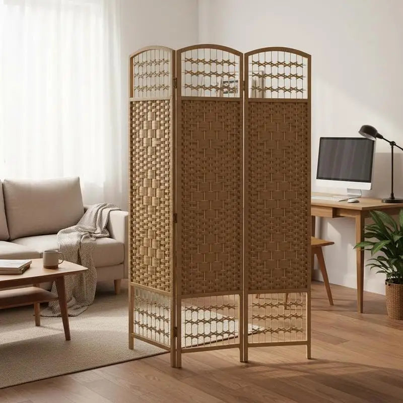 Paravent 3 panneaux fibres de papier tressées cadre bois naturel, pour une chambre