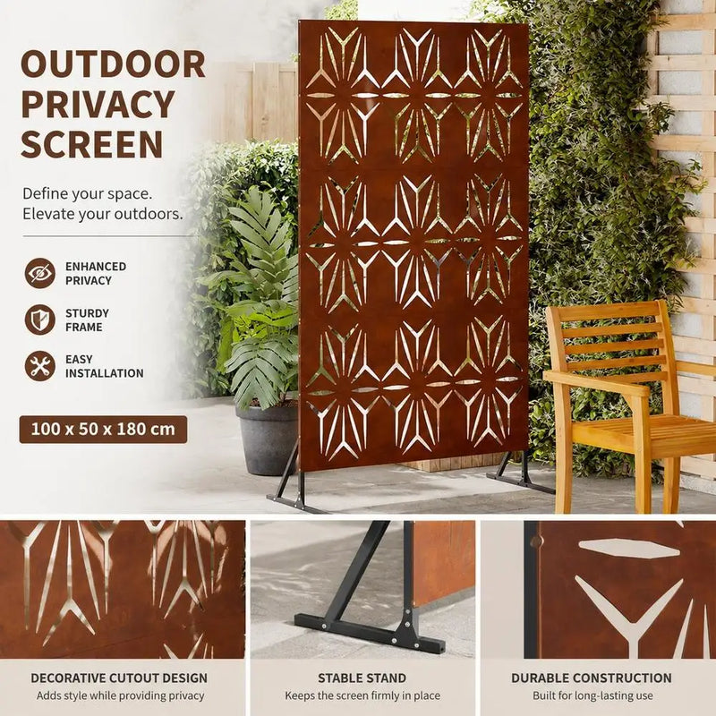 Paravent extérieur acier patine rouille motif étoiles, pour un balcon