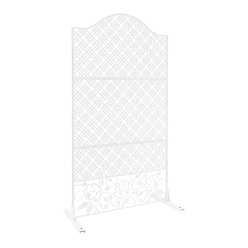 Paravent blanc acier treillis arqué frise florale autoportant, dimensions 185 x 100 cm