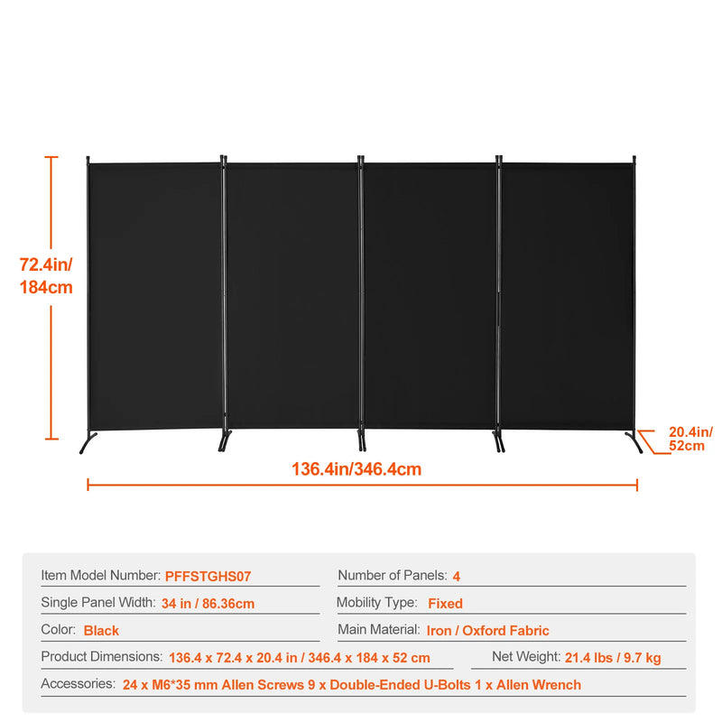 Paravent 3, 4 ou 6 panneaux Oxford noir gris beige, coloris noir, 4 panneaux, 346 x 184 cm