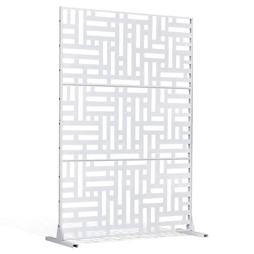Paravent Extérieur Métal Blanc Motif Géométrique Autoportant 120 x 193 cm