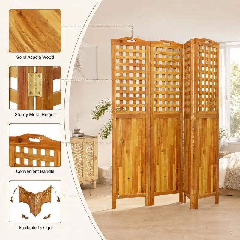 Paravent 4 Panneaux Acacia Massif Treillis Naturel 162 x 180 cm