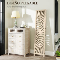 Paravent 3 panneaux paulownia naturel feuilles de palmier, pour une chambre