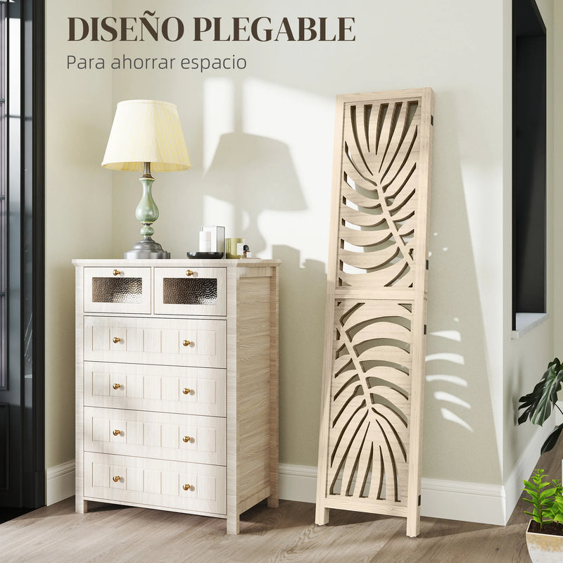 Paravent 3 panneaux paulownia naturel feuilles de palmier, pour une chambre